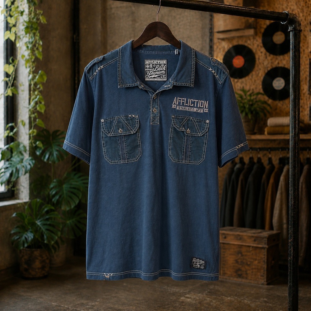 Affliction Black Premium Mens XL Blue Short Sleeve Embroidered Polo Shirt Pocket